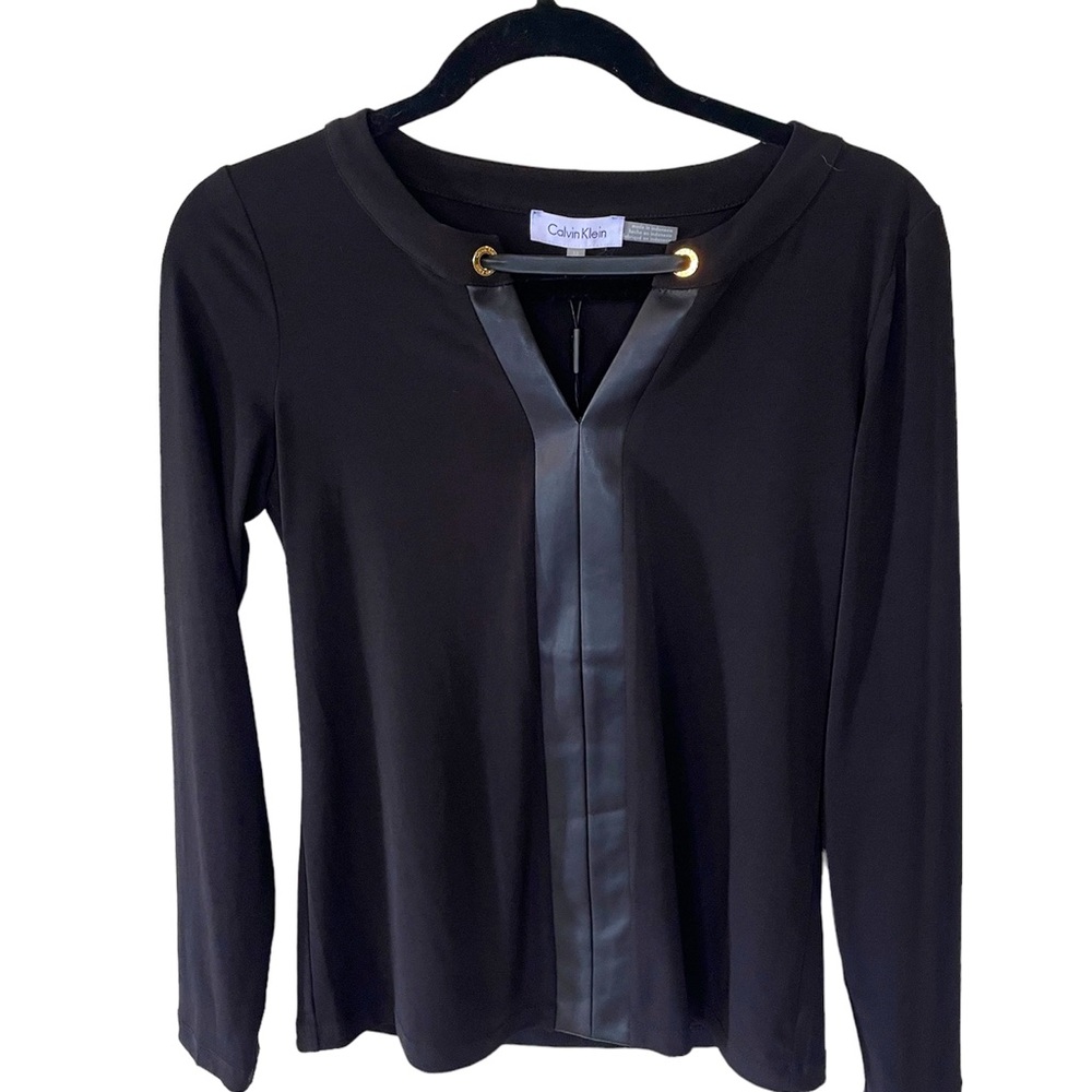 - NWT Calvin Klein Black Long Sleeve Blouse With Faux Leather Trim Sz XS